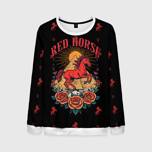 Мужской свитшот Красная лошадь на фоне пирамиды / 3D-Белый – фото 1