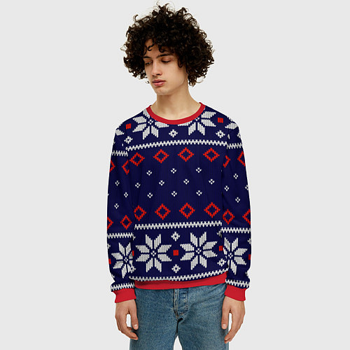 Мужской свитшот Вязаный новогодний узор / 3D-Красный – фото 3
