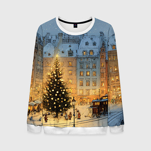 Мужской свитшот Новый год в старом уютном городе / 3D-Белый – фото 1