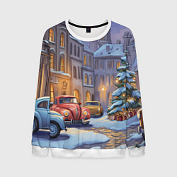 Свитшот мужской Новогодний снежный двор, цвет: 3D-белый