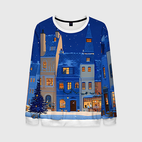 Мужской свитшот Синяя новогодняя елочка во дворе / 3D-Белый – фото 1