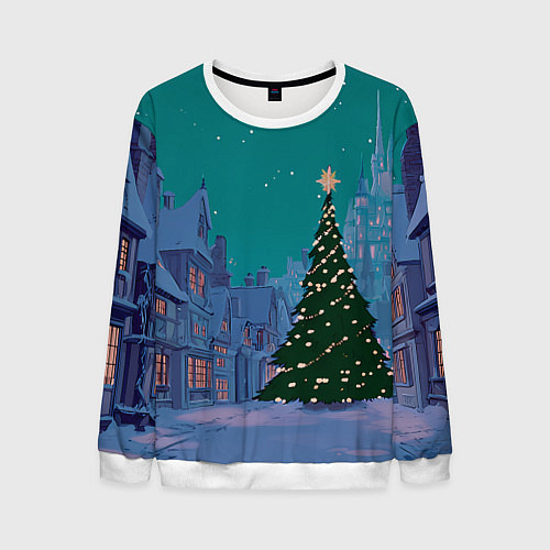 Мужской свитшот Зеленая новогодняя елка во вдоре / 3D-Белый – фото 1