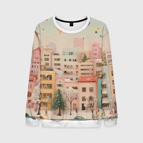 Мужской свитшот Объемный новогодний город / 3D-Белый – фото 1