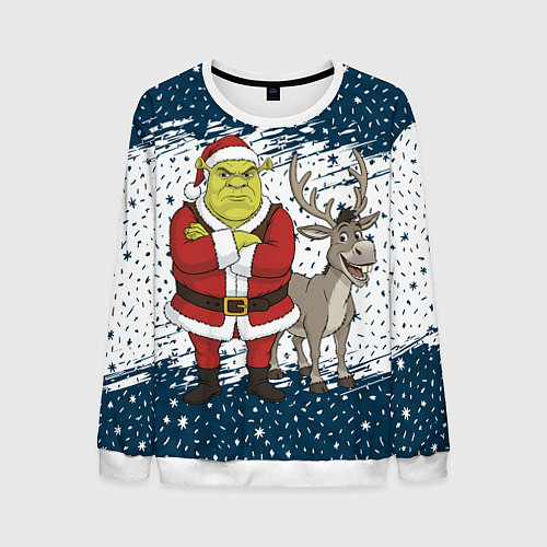Мужской свитшот Шрек и Осел - новый год / 3D-Белый – фото 1