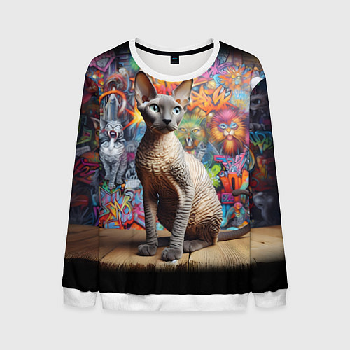 Мужской свитшот Коша породы Корниш-рекс на фоне граффити / 3D-Белый – фото 1