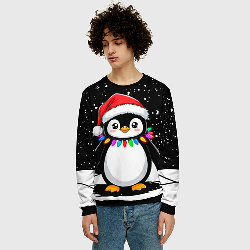 Мужской свитшот Пингвин в шапке Санты / 3D-Черный – фото 3