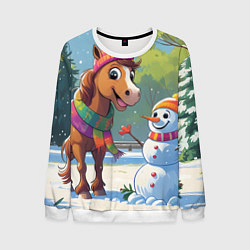 Свитшот мужской Лошадка и снеговик, цвет: 3D-белый