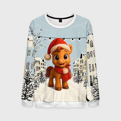 Мужской свитшот Милая новогодняя лошадка с шарфом / 3D-Белый – фото 1