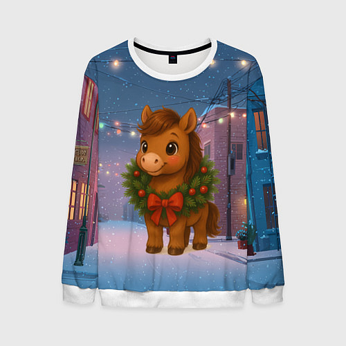 Мужской свитшот Лошадка с новогоднем венком 2026 / 3D-Белый – фото 1