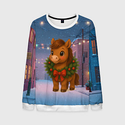 Свитшот мужской Лошадка с новогоднем венком 2026, цвет: 3D-белый