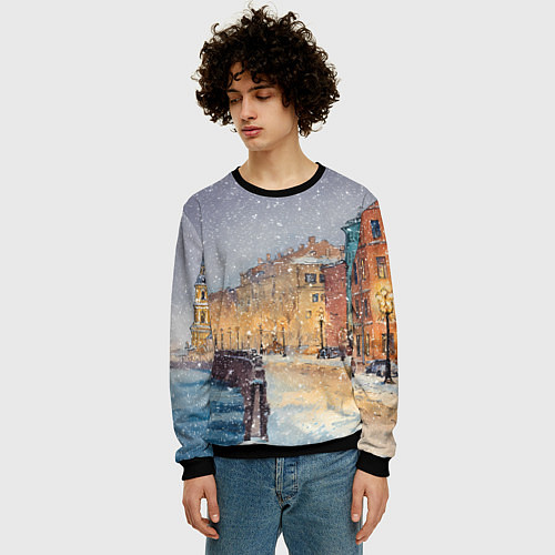 Мужской свитшот Санкт-Петербург - снегопад / 3D-Черный – фото 3