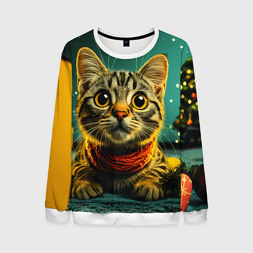 Мужской свитшот Удивленный новогодний котик / 3D-Белый – фото 1