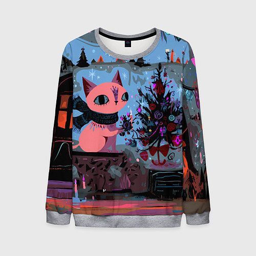 Мужской свитшот Кошка празднует Новый год / 3D-Меланж – фото 1