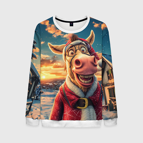 Мужской свитшот Новогодняя комическая лошадь в лесу / 3D-Белый – фото 1