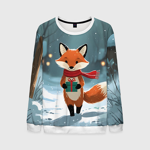 Мужской свитшот Лисичка с подарком зимой / 3D-Белый – фото 1