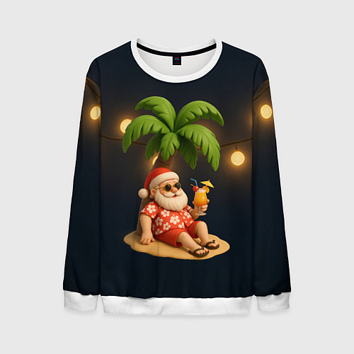 Мужской свитшот Санта чиллит под пальмой / 3D-Белый – фото 1