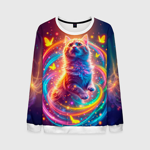 Мужской свитшот Игривый кот в неоновых всполохах / 3D-Белый – фото 1