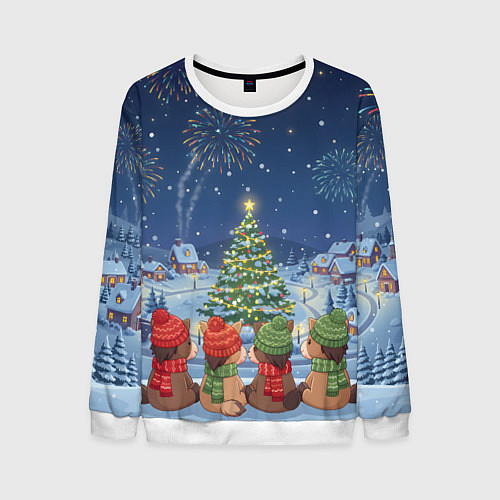 Мужской свитшот Лошадки в новогоднюю ночь / 3D-Белый – фото 1