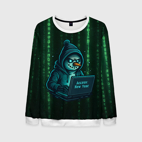 Мужской свитшот Снеговик - хакер взламывает Новый год / 3D-Белый – фото 1