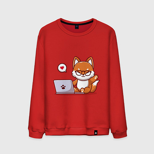 Мужской свитшот Cute fox and laptop / Красный – фото 1