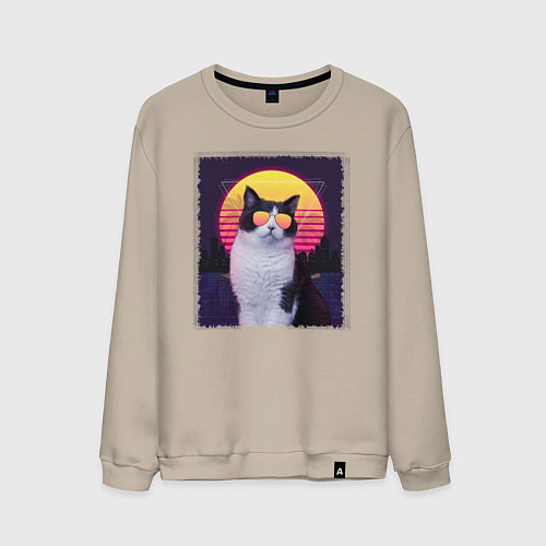 Мужской свитшот Synthwave cat / Миндальный – фото 1