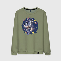 Свитшот хлопковый мужской Космонавт верхом на акуле, цвет: авокадо