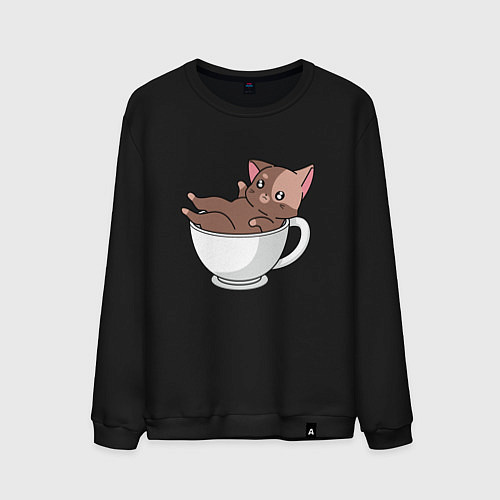 Мужской свитшот Милый Котик в чашке / Черный – фото 1