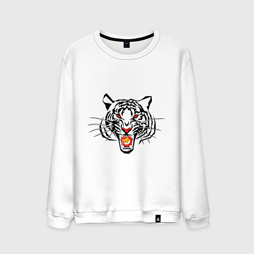 Мужской свитшот Агрессивный тигр с монетой Шиба ину в пасти / Белый – фото 1