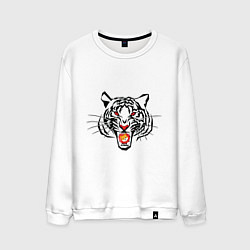 Свитшот хлопковый мужской Агрессивный тигр с монетой Шиба ину в пасти, цвет: белый
