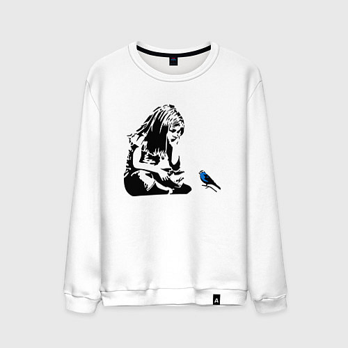 Мужской свитшот BANKSY girl with blue bird БЭНКСИ девочка с синей / Белый – фото 1