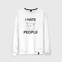 Свитшот хлопковый мужской I hate people, текст с белым котом, цвет: белый