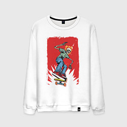 Свитшот хлопковый мужской Fire skull Skateboarding man on a red background E, цвет: белый