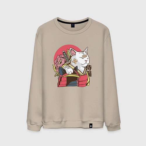 Мужской свитшот Котик Самурай Samurai Cat Japanese art / Миндальный – фото 1