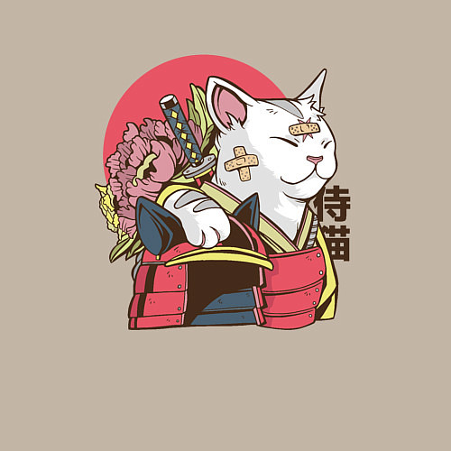 Мужской свитшот Котик Самурай Samurai Cat Japanese art / Миндальный – фото 3