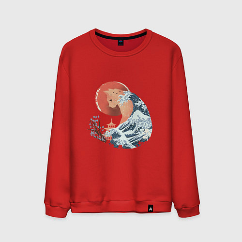 Мужской свитшот Душа природы Японии - Бушующее море / Красный – фото 1
