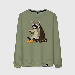 Свитшот хлопковый мужской Енот кушает пиццу, цвет: авокадо