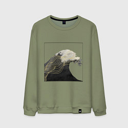 Свитшот хлопковый мужской Большая Волна Хокусай Узор, цвет: авокадо