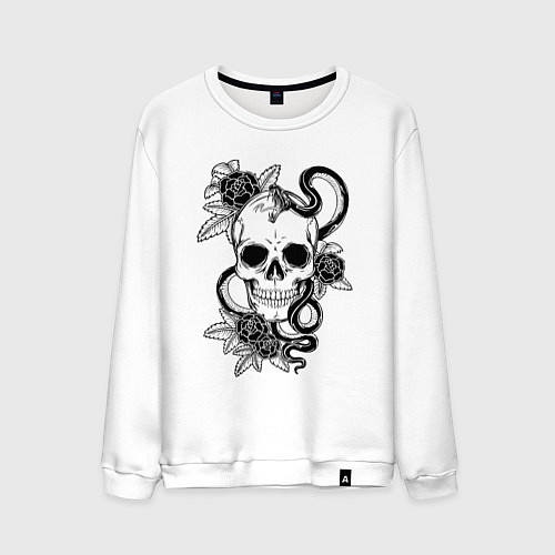Мужской свитшот Чёрная мамба обвивает череп и розы / Белый – фото 1