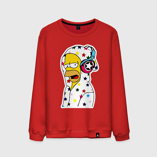 Мужской свитшот Гомер Симпсон в звёздном балахоне и в наушниках / Красный – фото 1