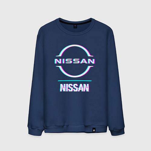 Мужской свитшот Значок Nissan в стиле glitch / Тёмно-синий – фото 1