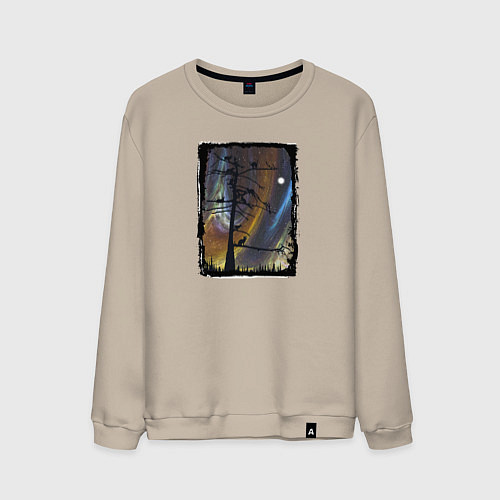 Мужской свитшот Кошки на дереве и северное сияние / Миндальный – фото 1