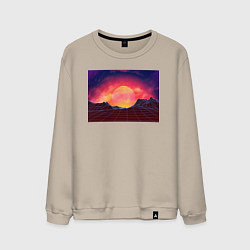 Свитшот хлопковый мужской 3D неоновые горы на закате, цвет: миндальный