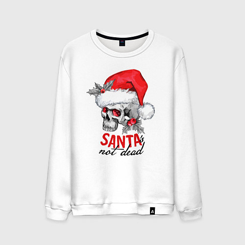 Мужской свитшот Santa is not dead, skull in red hat, holly / Белый – фото 1