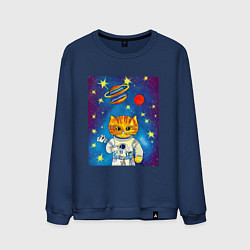 Свитшот хлопковый мужской Абстрактный космический кот, цвет: тёмно-синий