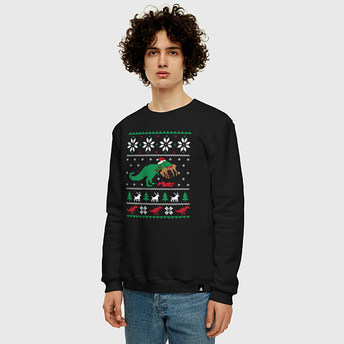 Мужской свитшот Новогодний тирекс - ugly sweater / Черный – фото 3