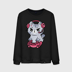 Свитшот хлопковый мужской Котёнок заядлый игроман, цвет: черный