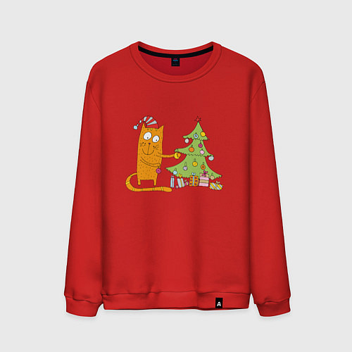 Мужской свитшот Кот наряжает новогоднюю ёлку / Красный – фото 1