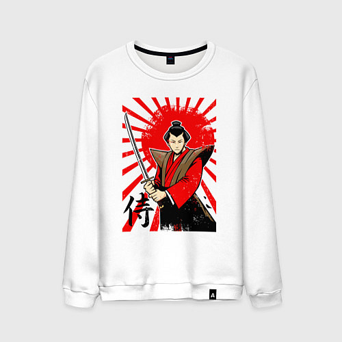 Мужской свитшот Самурай с мечом на фоне флага / Белый – фото 1