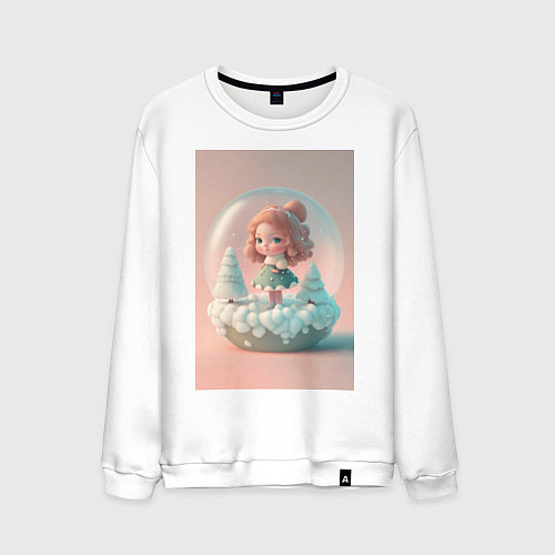 Мужской свитшот Милая девочка-куколка с стеклянном Новогоднем шаре / Белый – фото 1