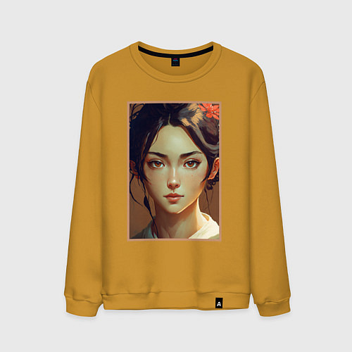 Мужской свитшот Прекрасная девушка азиатской внешности / Горчичный – фото 1